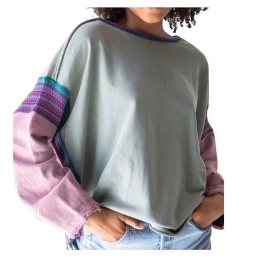 Natural Life Sage Green Knit Trim Boho Colorblock Sweatshirt Top S/M Cozycore
